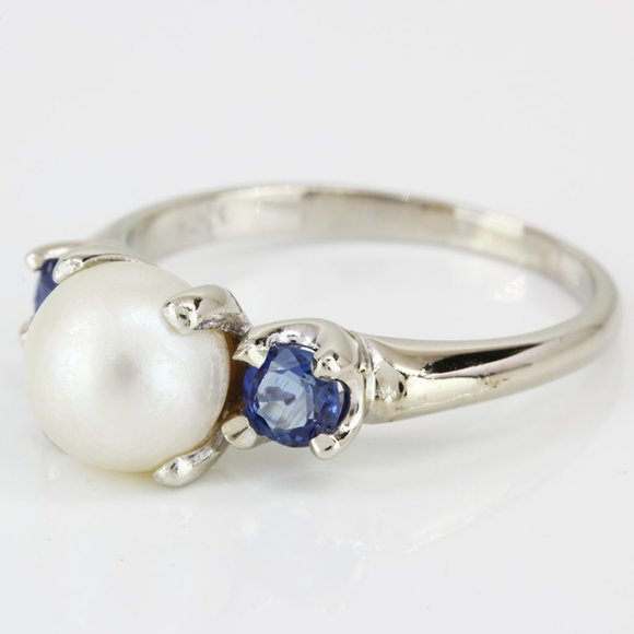 14k White Gold Cultured Pearl & Sapphire Cocktail /Anniversary Ring - Picture 2 of 6